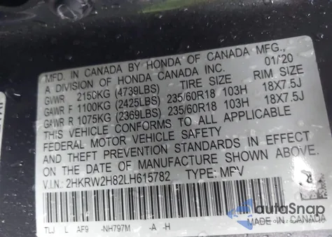 2020 Honda Cr-V Awd Ex-L from USA, damaged, VIN 2HKRW2H82LH615782